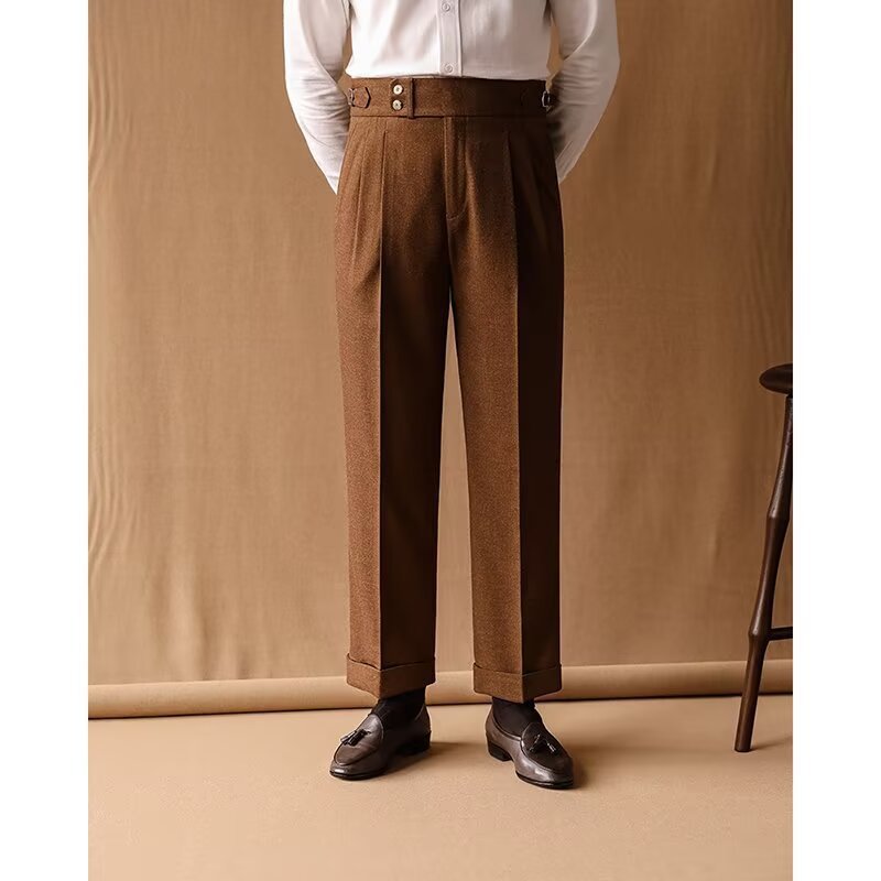 Mens Winter Straight-Leg High-Waist Trousers With Parisian Buckles For A Casual Look
