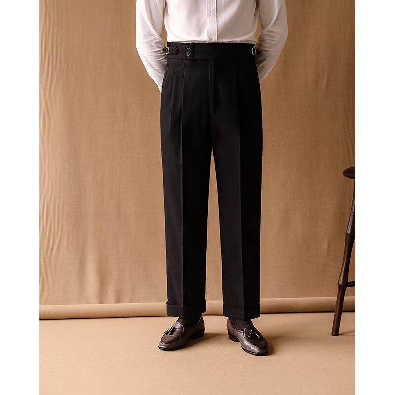 Mens Winter Straight-Leg High-Waist Trousers With Parisian Buckles For A Casual Look