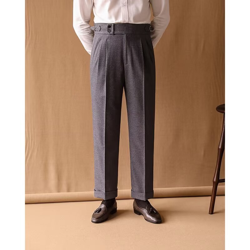Mens Winter Straight-Leg High-Waist Trousers With Parisian Buckles For A Casual Look
