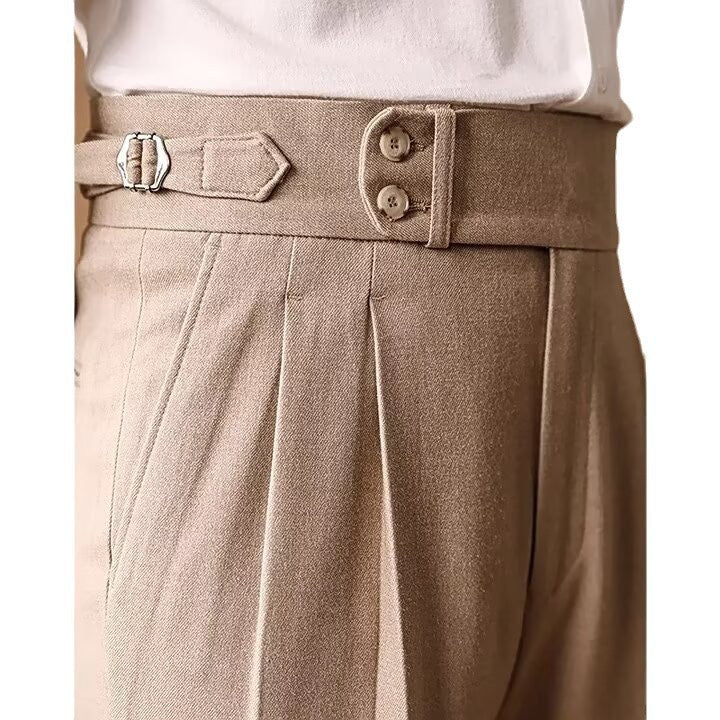 Mens Winter Straight-Leg High-Waist Trousers With Parisian Buckles For A Casual Look