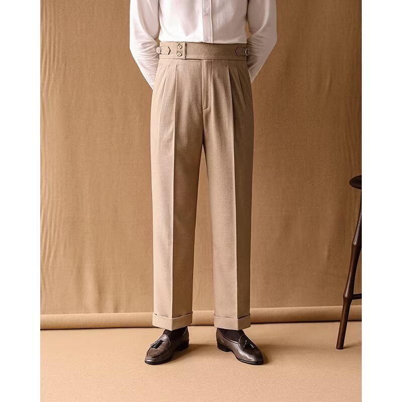 Mens Winter Straight-Leg High-Waist Trousers With Parisian Buckles For A Casual Look